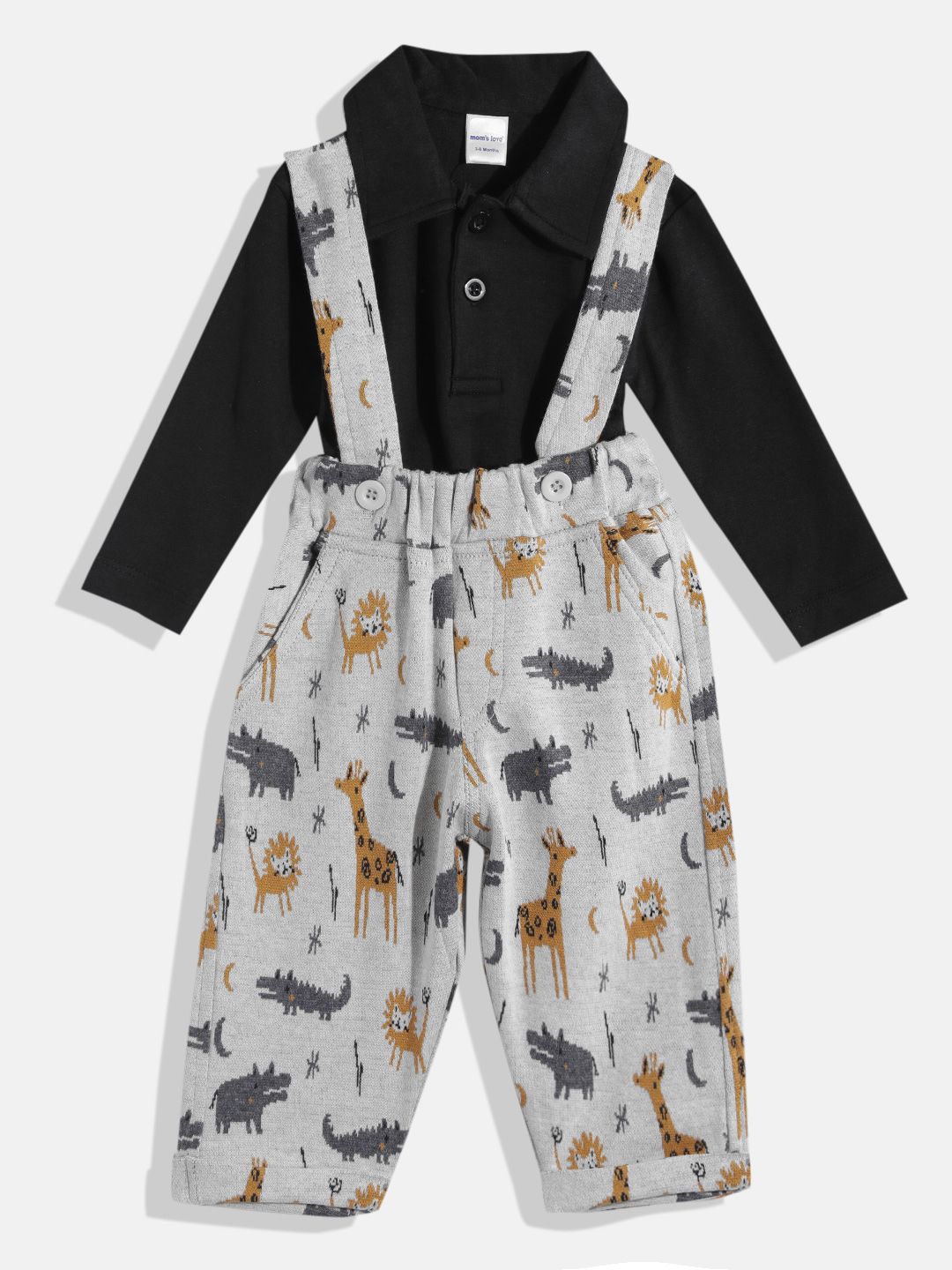 Moms Love Infant Boys Pure Cotton Animal Graphic Printed Dungarees with Solid T-shirt