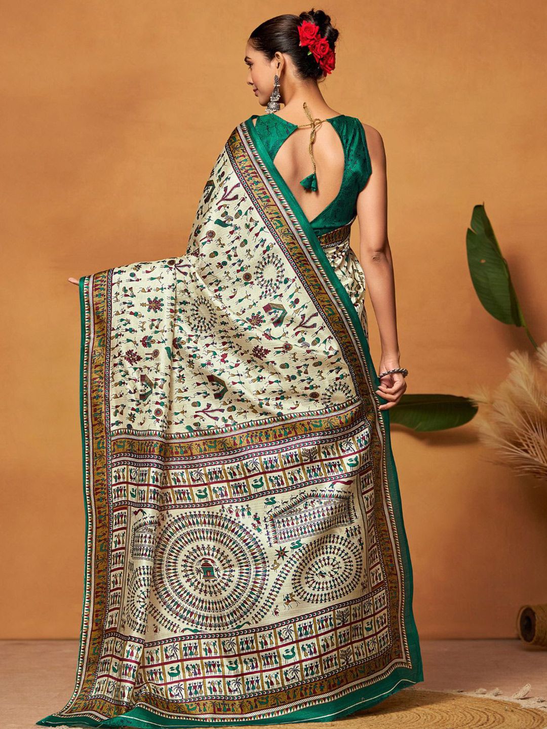 KALINI Warli Art Silk Block Print Saree