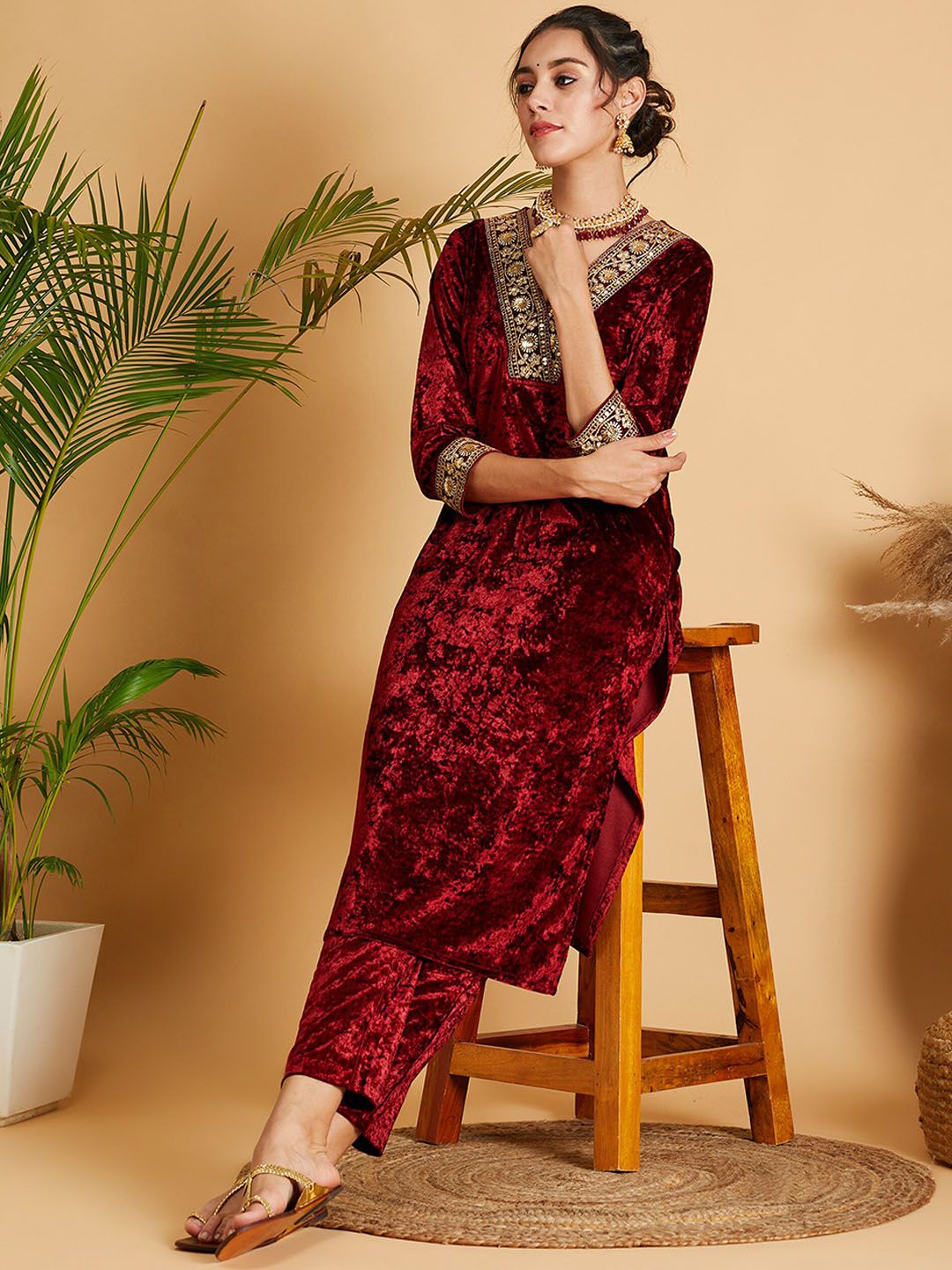 Shae by SASSAFRAS Maroon Floral Yoke Design Sequinned Velvet Straight Kurta