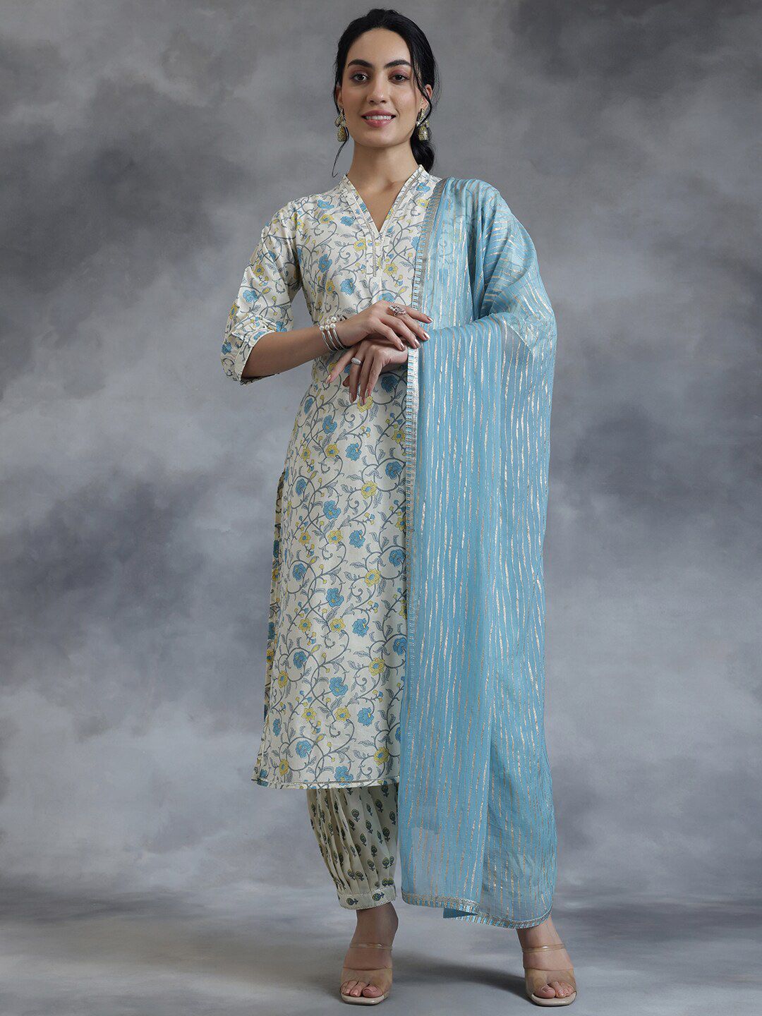 Libas Floral Printed Straight Gotta Patti Pure Cotton Kurta with Salwar & Dupatta