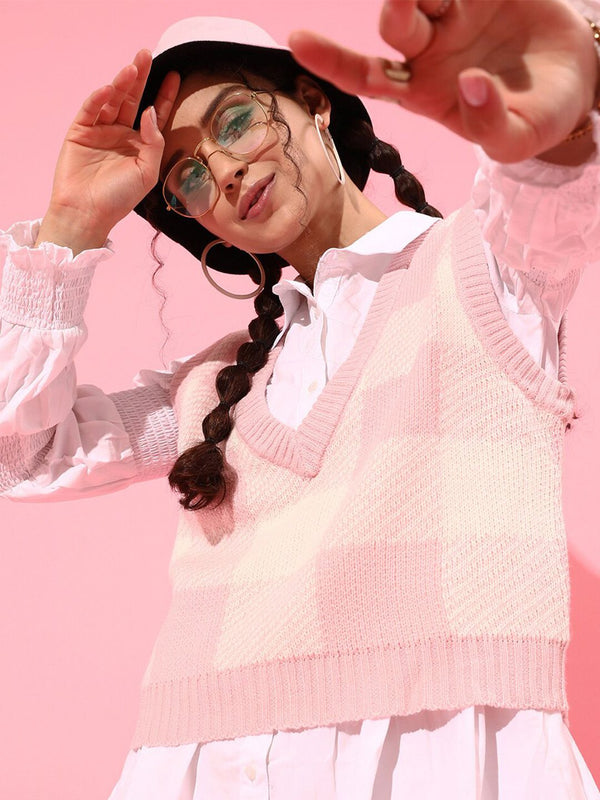 STREET 9 Women Pink & White Checked Acrylic Sweater Vest