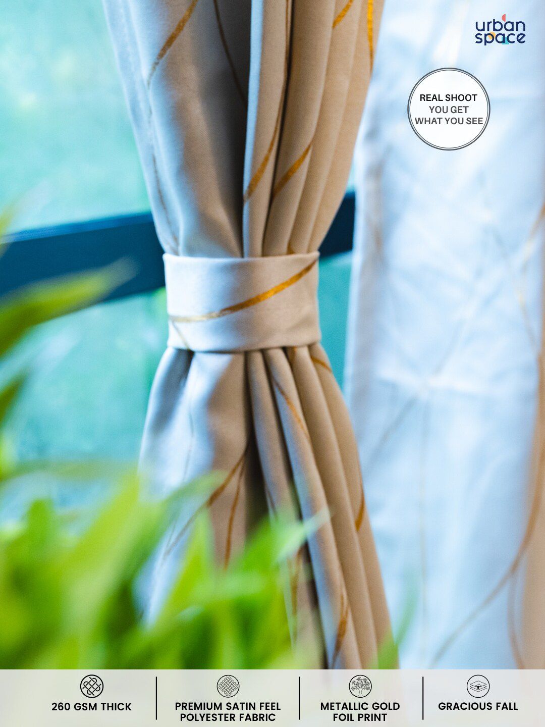 URBAN SPACE Beige & Gold-Toned Printed Black Out Door Curtain