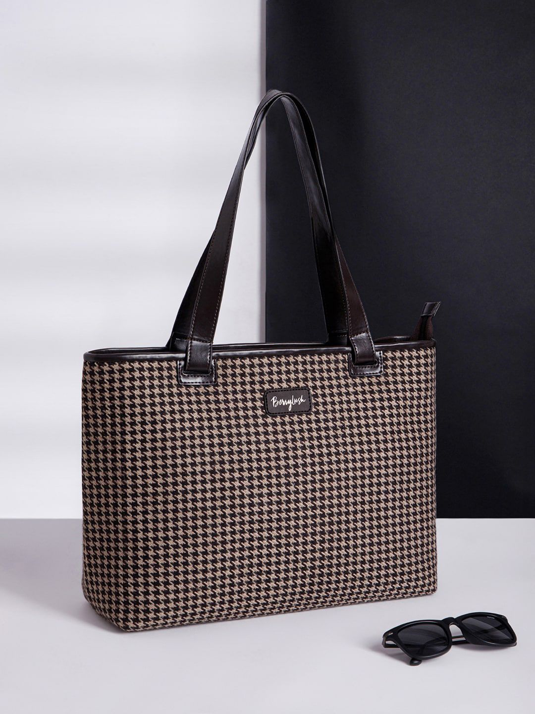 Berrylush Brown Checked Structured Tote bag