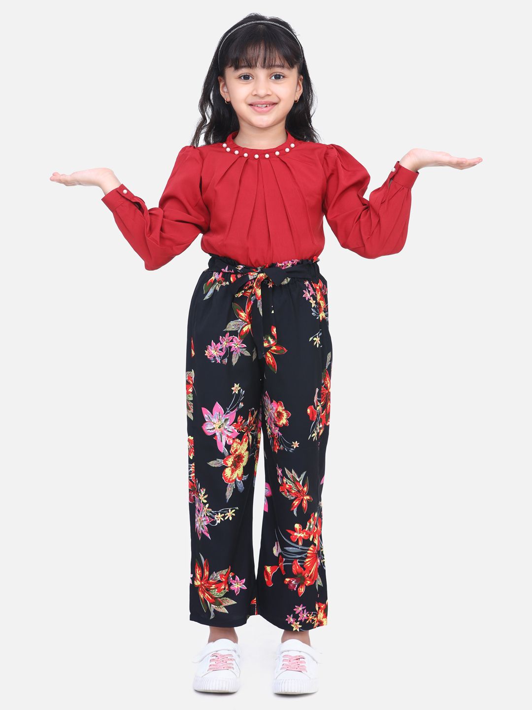 Cutiekins Girls Maroon & Black Printed Top with Palazzos