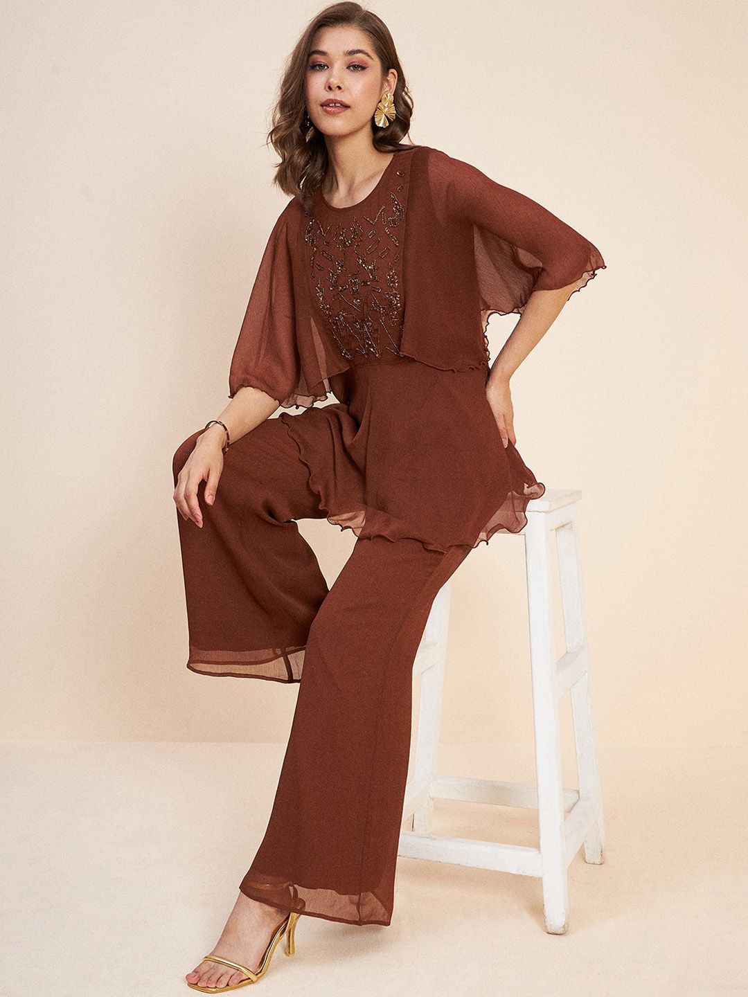 Antheaa Brown Embellished Tunic With Trousers Co-Ords