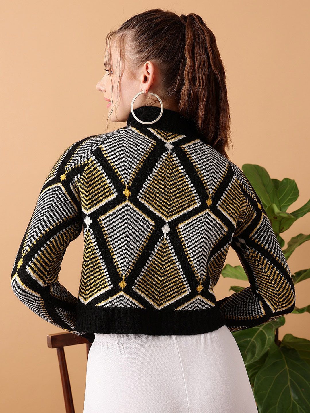 STREET 9 Geometric Printed Turtle Neck Ribbed Jacquard Acrylic Pullover