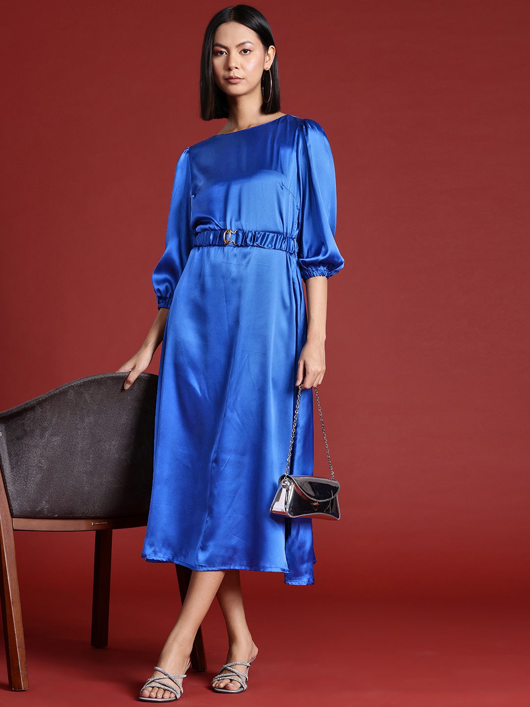 all about you Satin A-Line Midi Dress with Belt