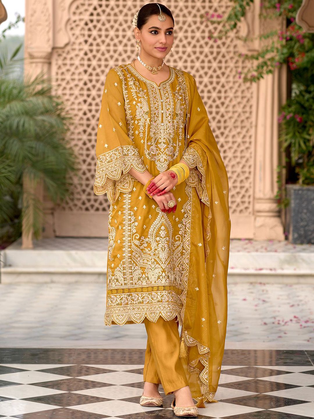 Indo Era Floral Embroidered Zari Organza Kurta With Trousers And Dupatta