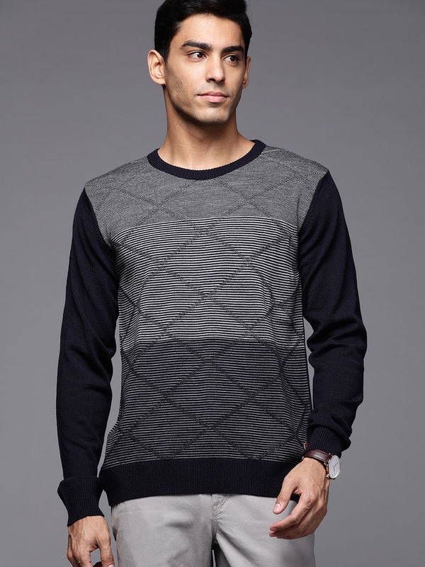 Raymond Men Navy Blue & Grey Striped Sweater