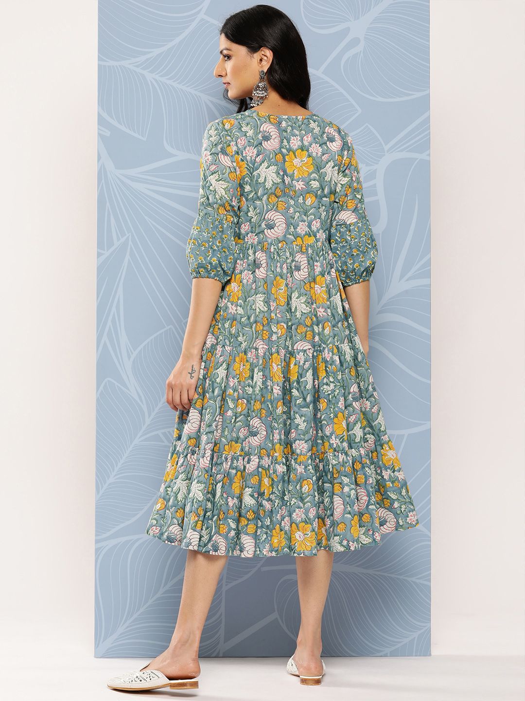 Libas Blue & Yellow Floral Print Tie-Up Neck Puff Sleeve Fit & Flare Midi Dress
