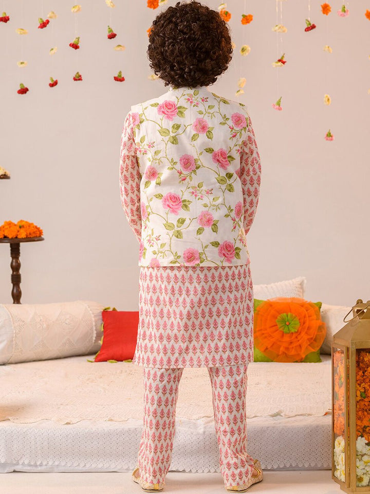 pspeaches Boys Floral Printed Regular Pure Cotton Kurta With Pyjamas & Nehru Jacket