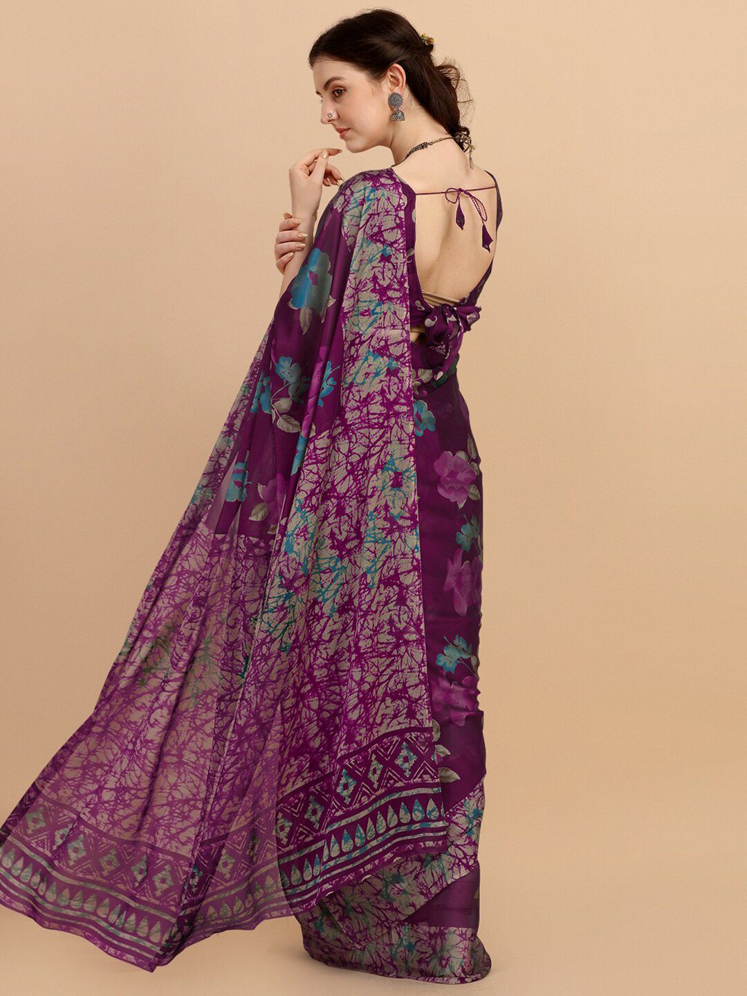 KALINI Purple & Blue Floral Printed Saree