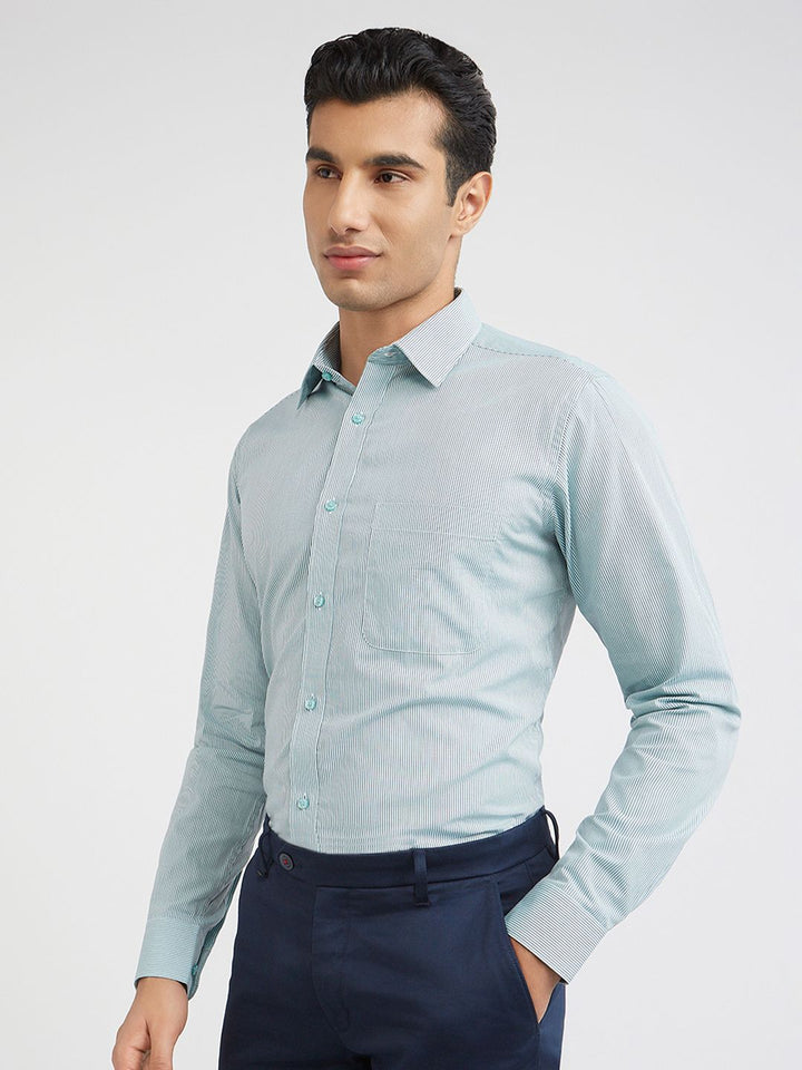 Raymond Men Green And White Slim Fit Micro Checked Pure Cotton Formal Shirt