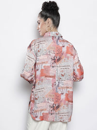 SASSAFRAS Women Beige Comfort Newspaper Printed Casual Shirt