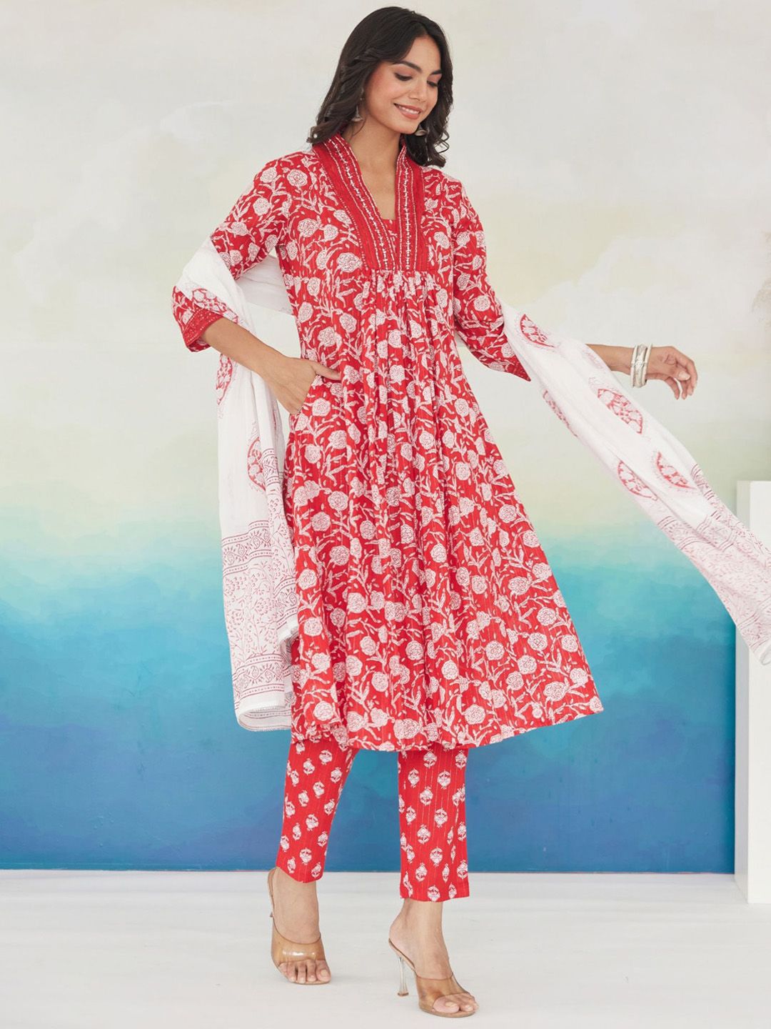 Indo Era Women Floral Printed Pleated Beads and Stones Pure Cotton Kurta with Trousers & With Dupatta