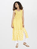 Global Desi Women Yellow & White Chevron & Floral Print Sleeveless Kurta