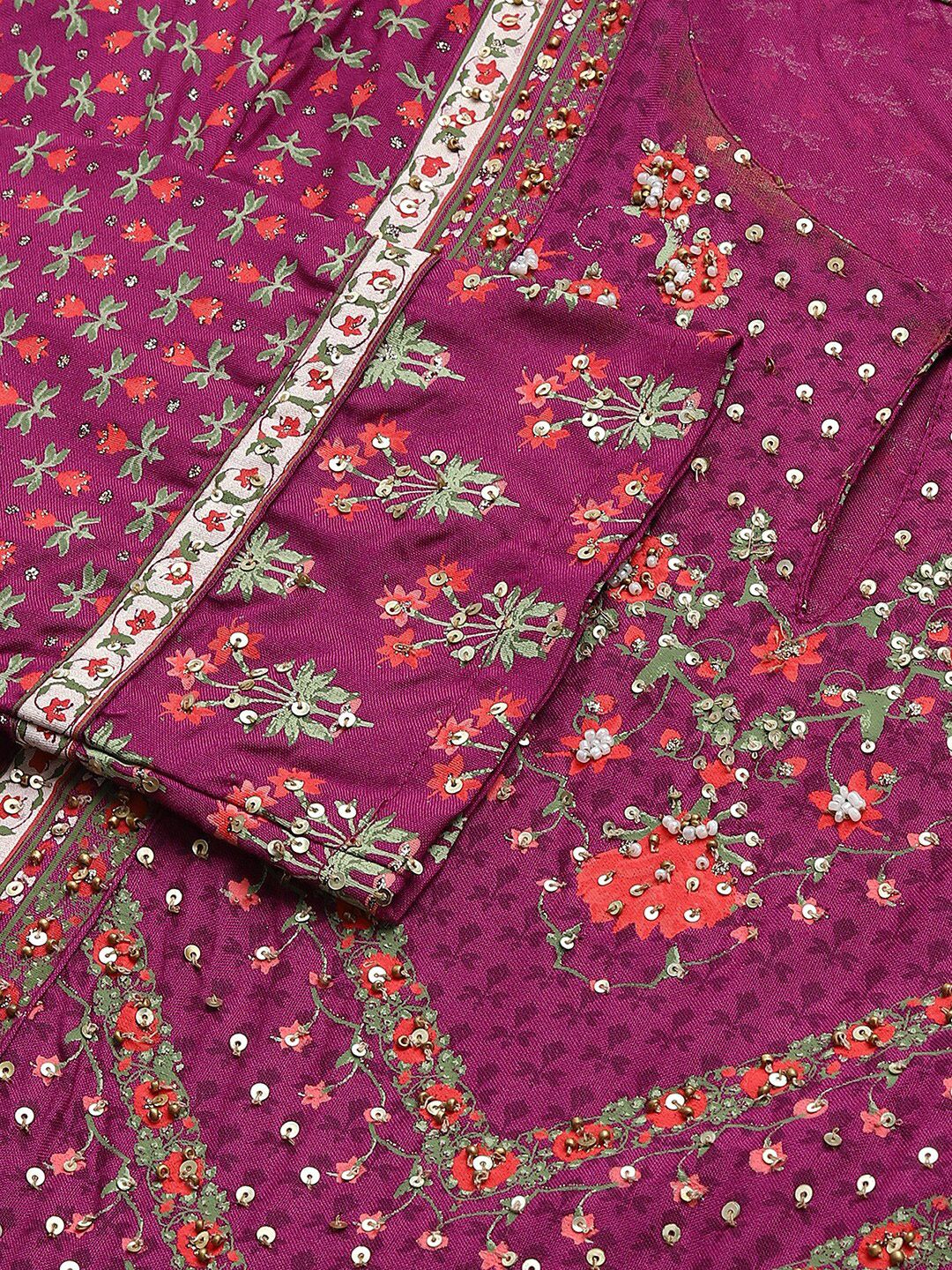 W Purple & Pink Floral Keyhole Neck Ethnic A-Line Midi Dress