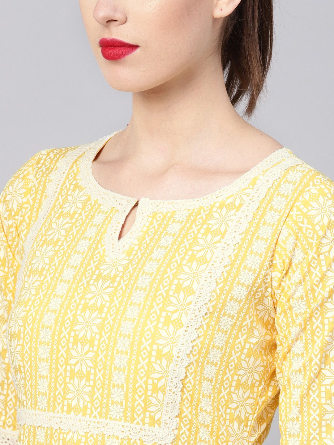 Libas Women Yellow & White Block Print Straight Kurta