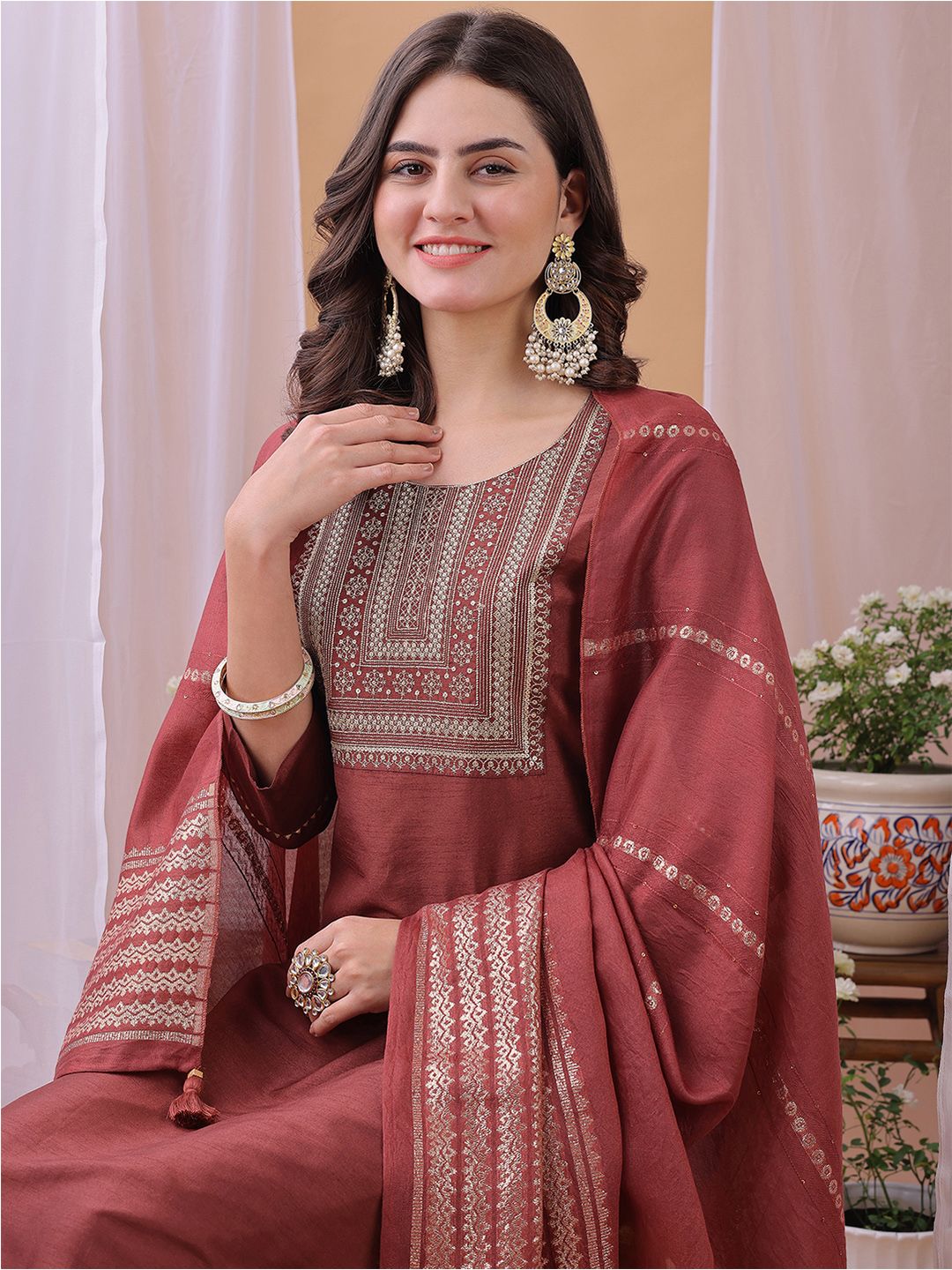 KALINI Yoke Design Sequinned Straight Kurta With Trousers And Dupatta