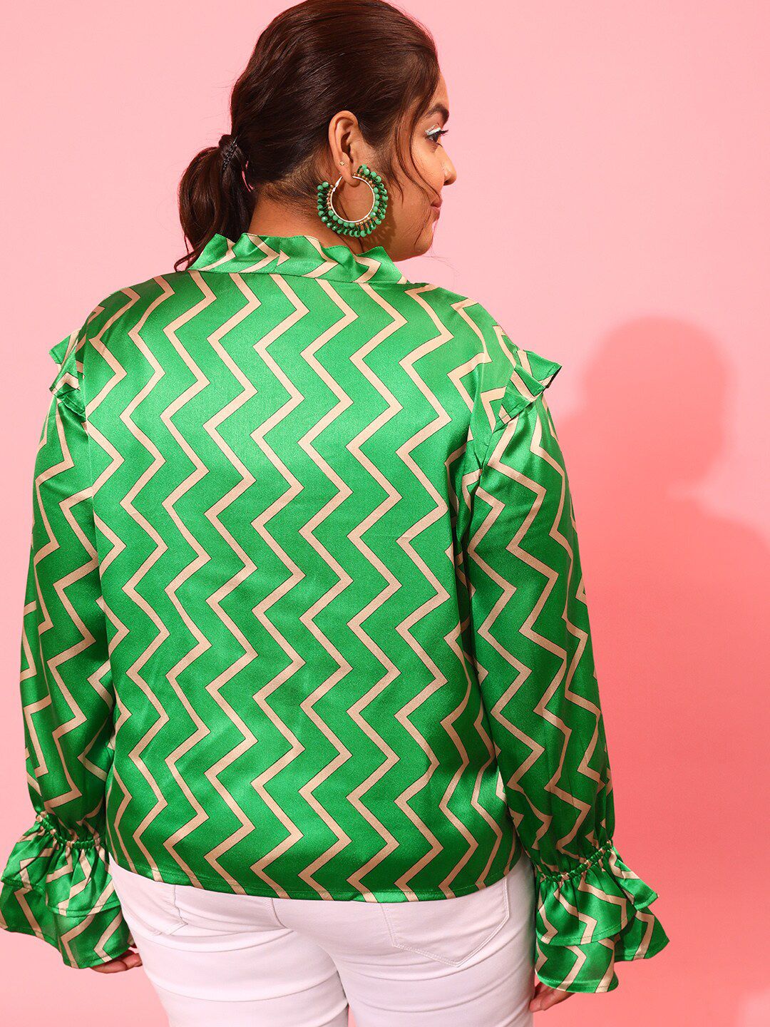 CURVY STREET Plus Size Geometric Printed Tie Up Neck Top