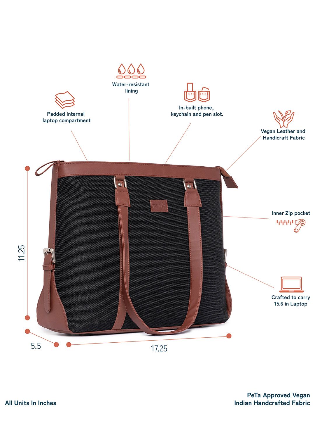 ZOUK Black Solid Vegan Leather Sustainable Laptop Tote Bag