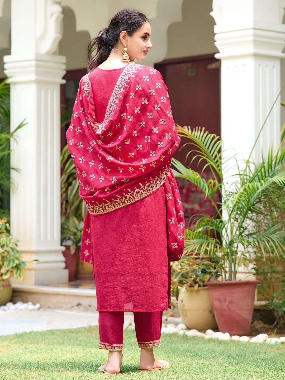 KALINI Floral Embroidered Regular Sequinned Straight Kurta with Trousers & Dupatta