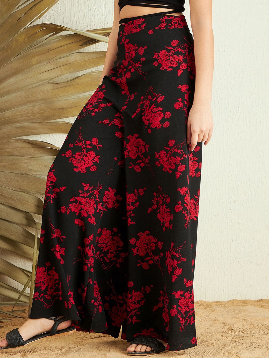 Berrylush Women Black Red Floral Printed Loose Fit High-Rise Parallel Trousers