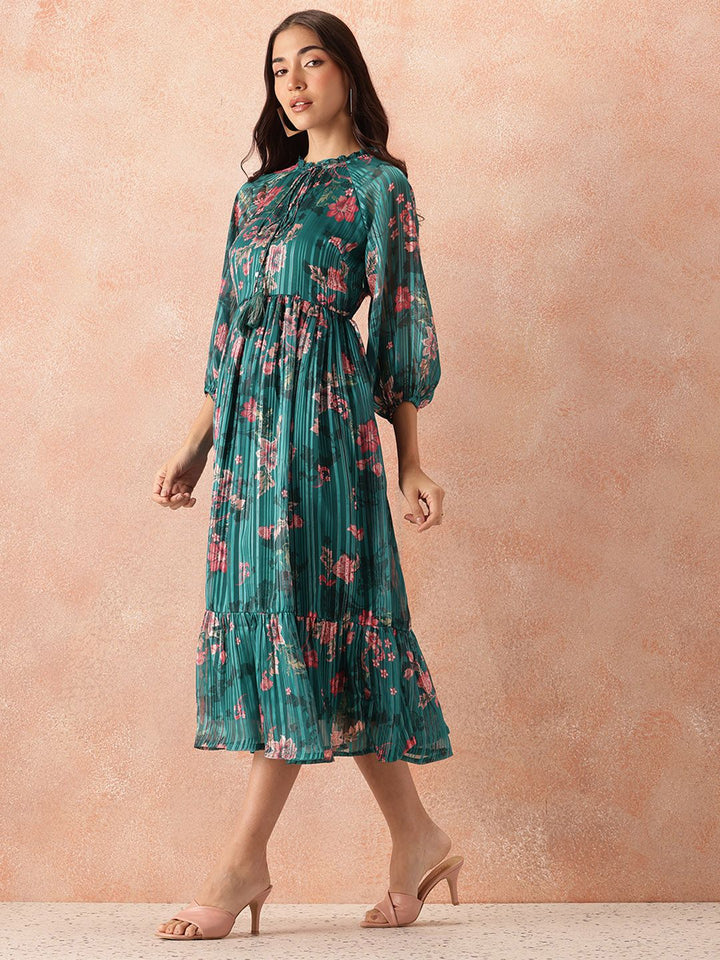 all about you Floral Print Tie-Up Neck Puff Sleeve Fit & Flare Midi Dress