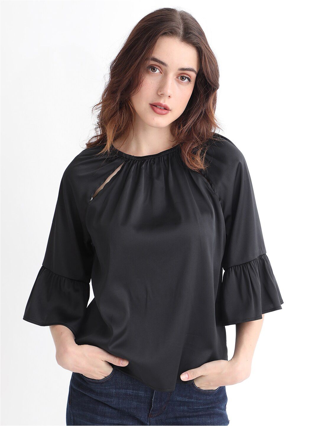 RAREISM Bell Sleeves Cut Outs Detail Cotton Top