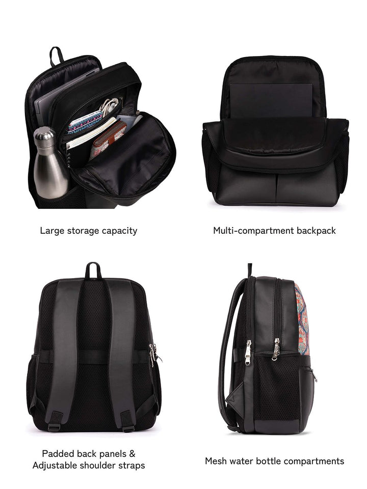 ZOUK Women Ethnic Printed Vegan Leather Backpack With Compression Straps-Up to 16 inch