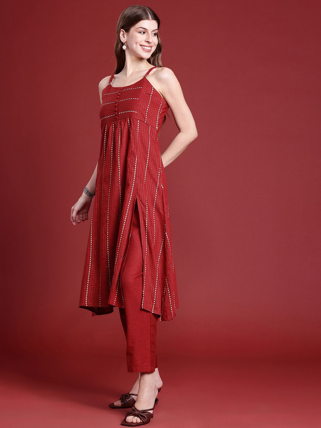 Anouk Women Woven Design A-Line Kurta With Trousers & Printed Dupatta