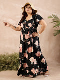 Berrylush Curve Black Floral Print Belted Maxi Dress