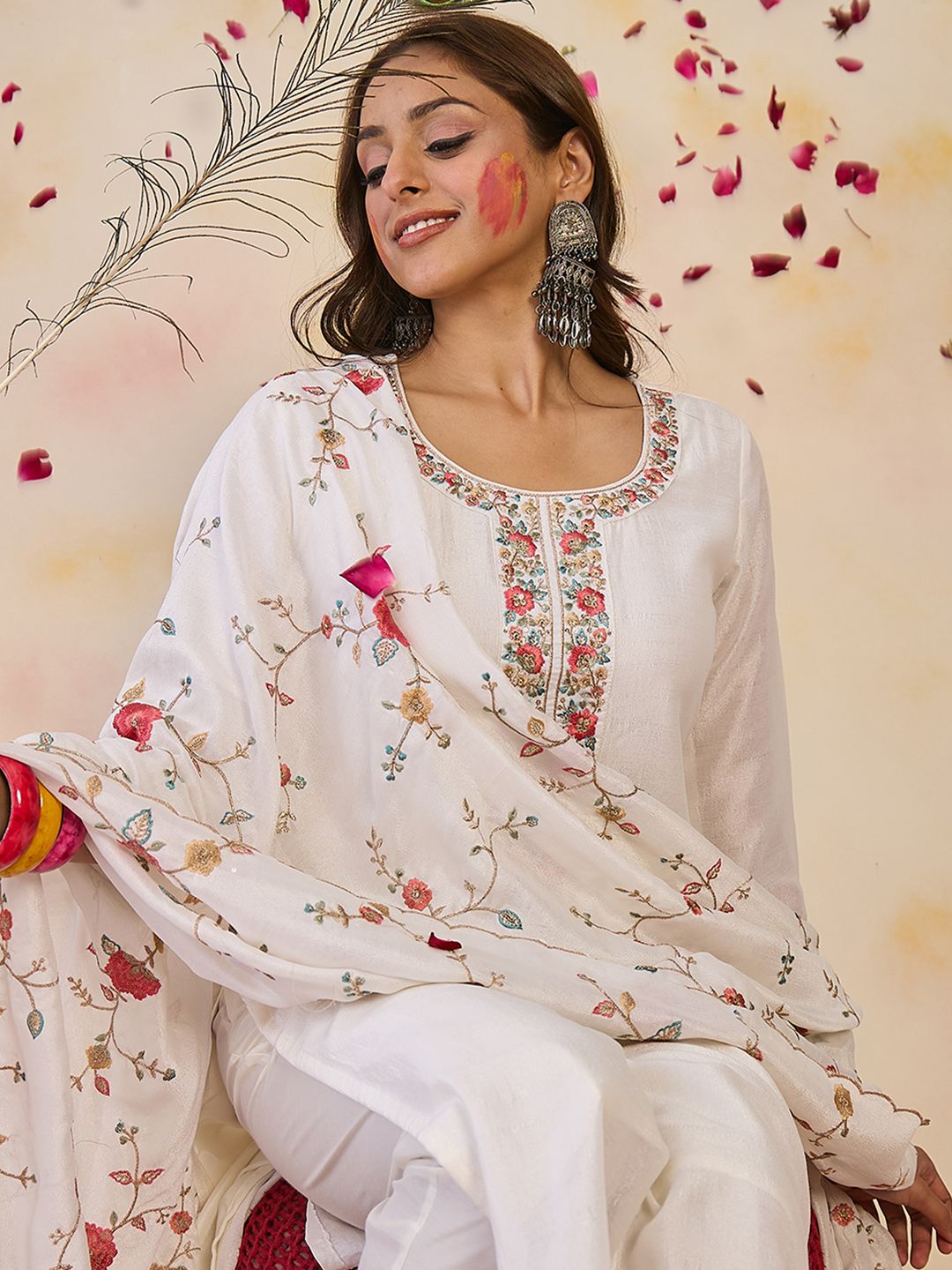 Indo Era Women Floral Embroidered Regular Thread Work Kurta with Trousers & With Dupatta