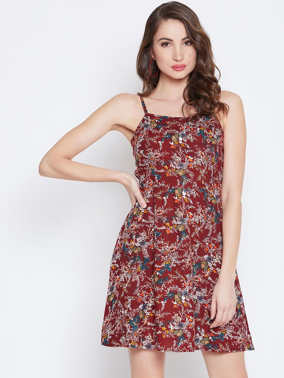 Berrylush Women Maroon & White Floral Print Fit and Flare Dress