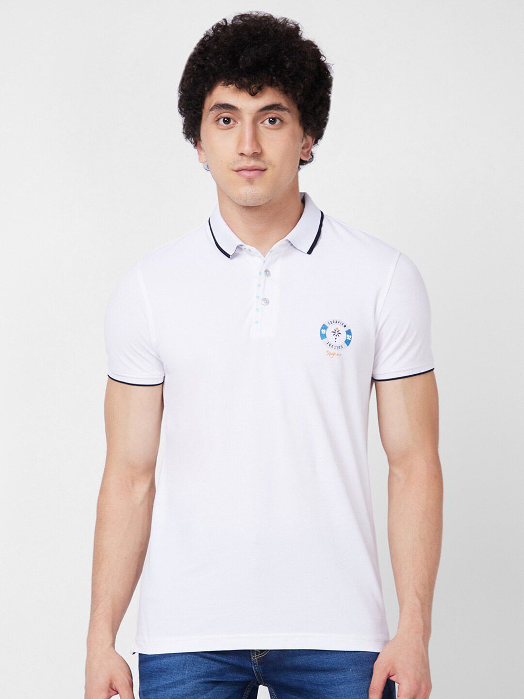 SPYKAR Polo Collar Applique Cotton Slim Fit T-shirt
