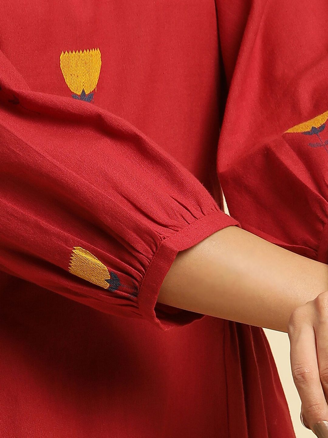 W Red Floral Print Puffed Sleeves Smocked Cotton A-Line Top