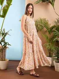 SASSAFRAS Floral Printed Shoulder Straps Georgette Tiered Maxi Dress
