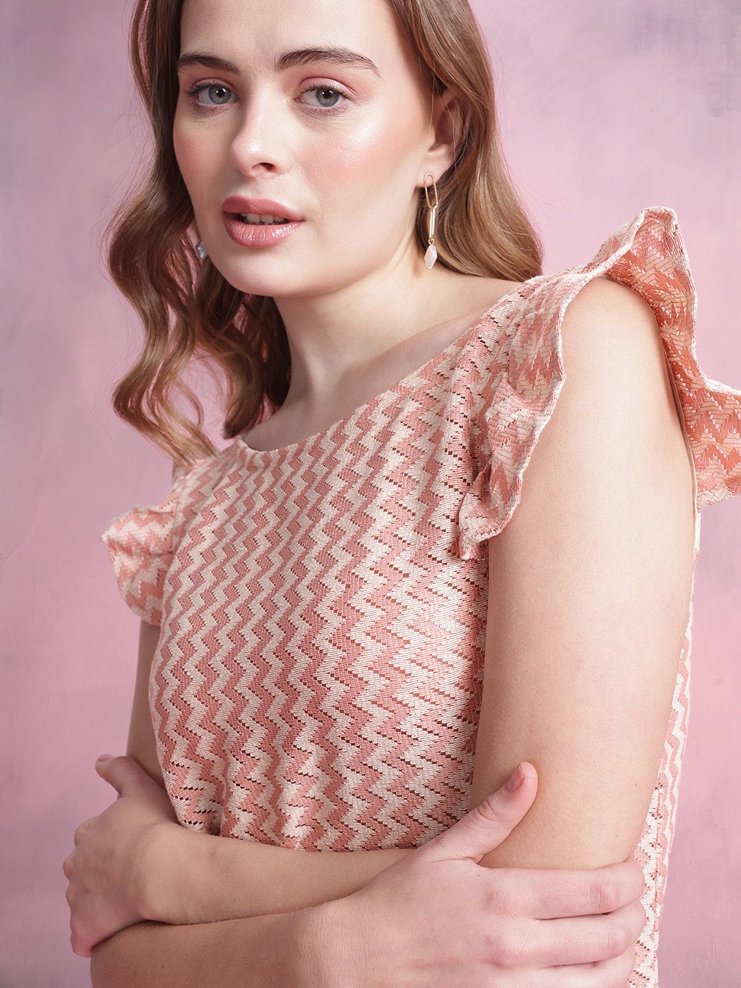 DressBerry Chevron Striped Flutter Sleeve Crochet A-Line Dress