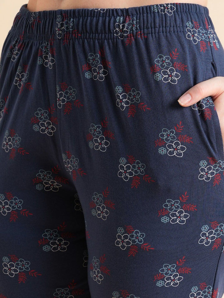 Sweet Dreams Navy Blue & Maroon Floral Printed Pure Cotton Night Suits