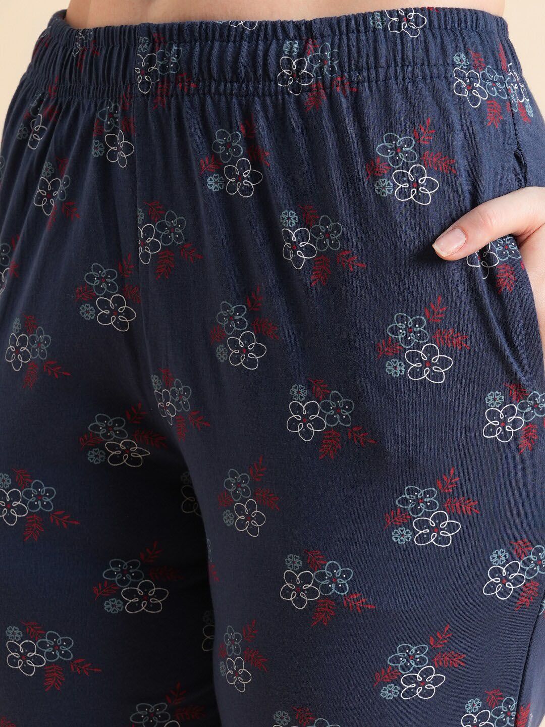 Sweet Dreams Navy Blue & Maroon Floral Printed Pure Cotton Night Suits