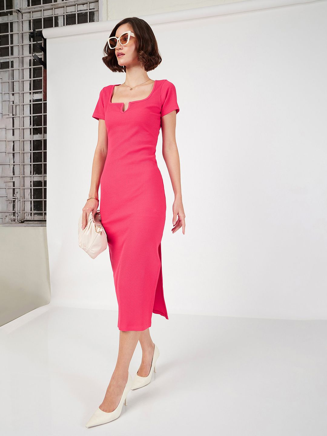 SASSAFRAS Square Neck Knitted Sheath Midi Dress