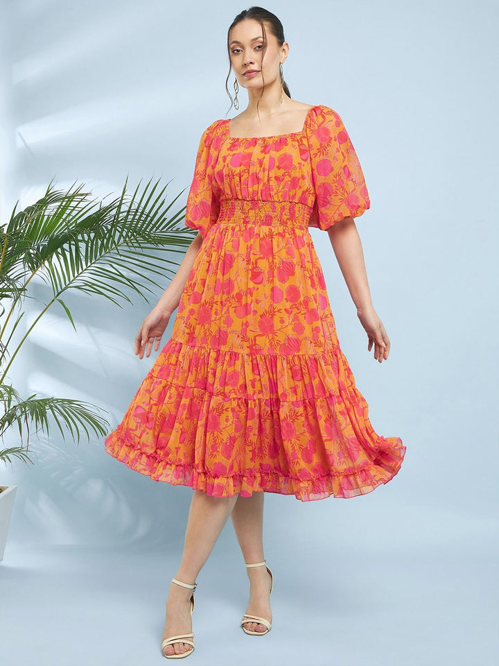 Antheaa Yellow Floral Printed Square Neck Puff Sleeve Chiffon Fit & Flare Midi Dress