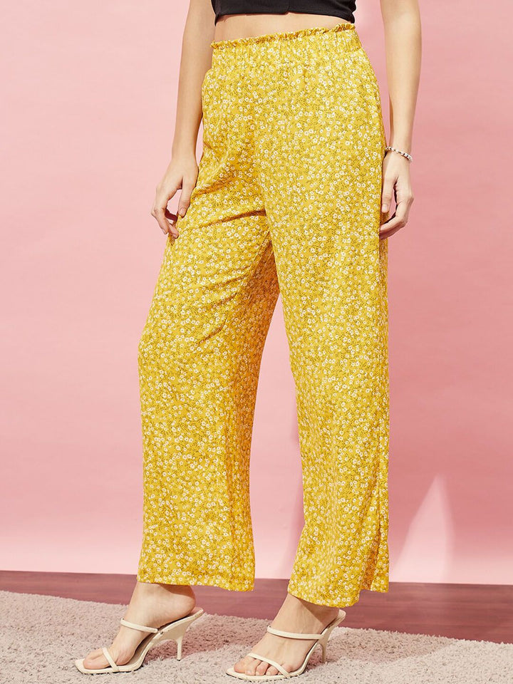 Berrylush Women Yellow Floral Printed Relaxed Straight Leg High-Rise Parallel Trouser
