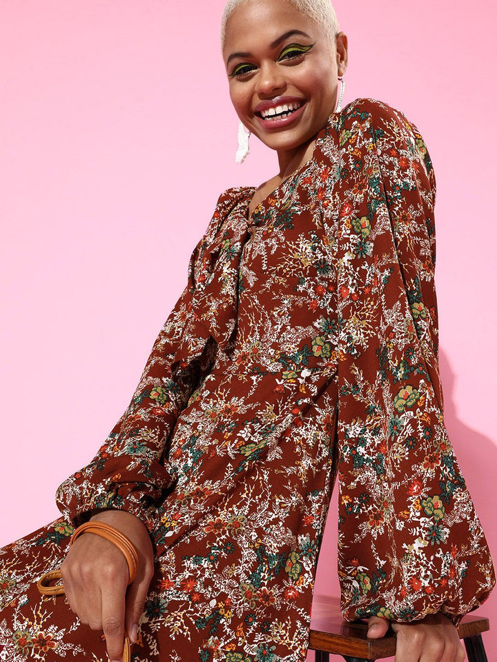 Berrylush Women Charming Maroon Floral Sweetheart Neck Dress