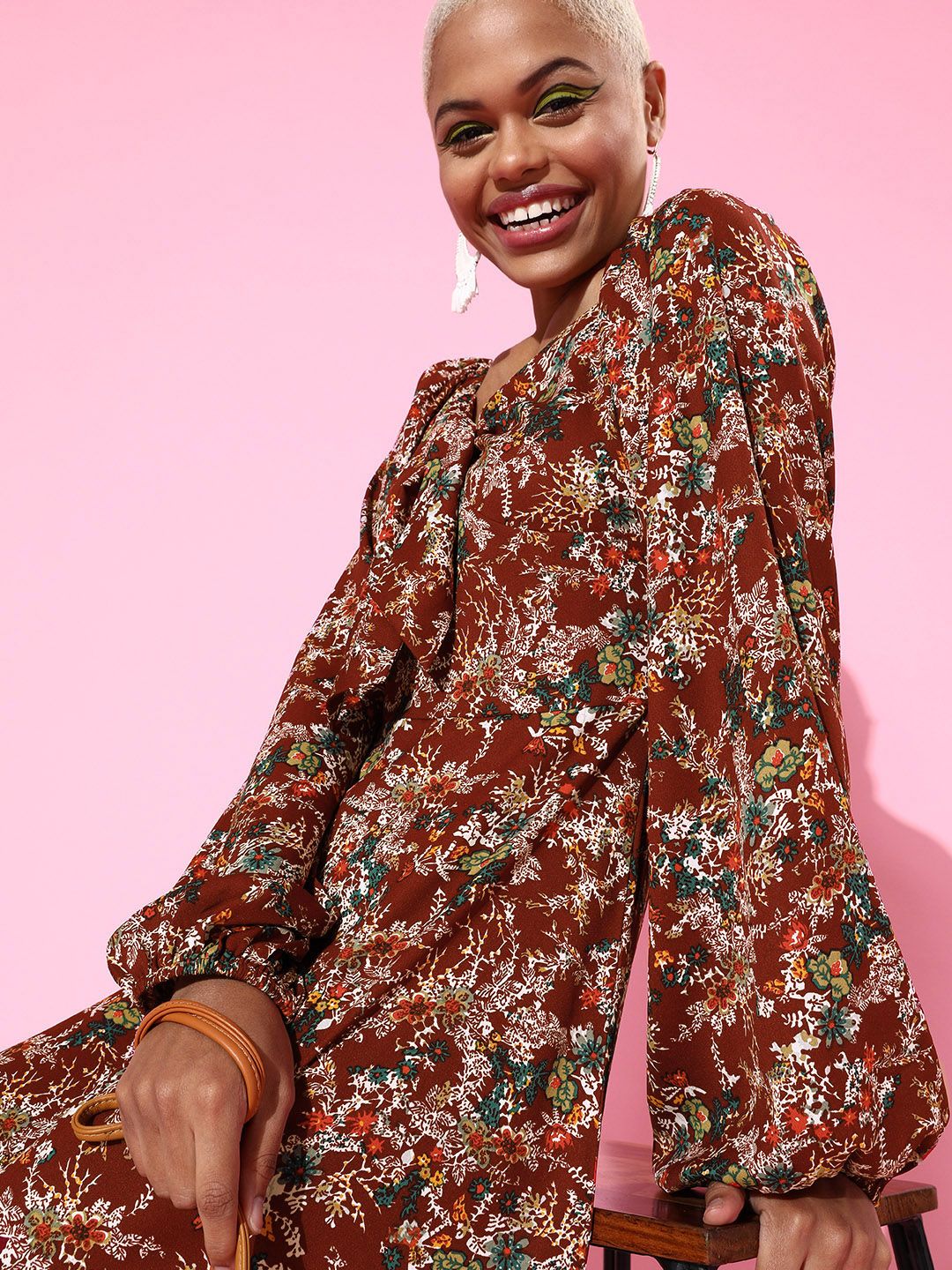 Berrylush Women Charming Maroon Floral Sweetheart Neck Dress