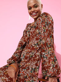 Berrylush Women Charming Maroon Floral Sweetheart Neck Dress