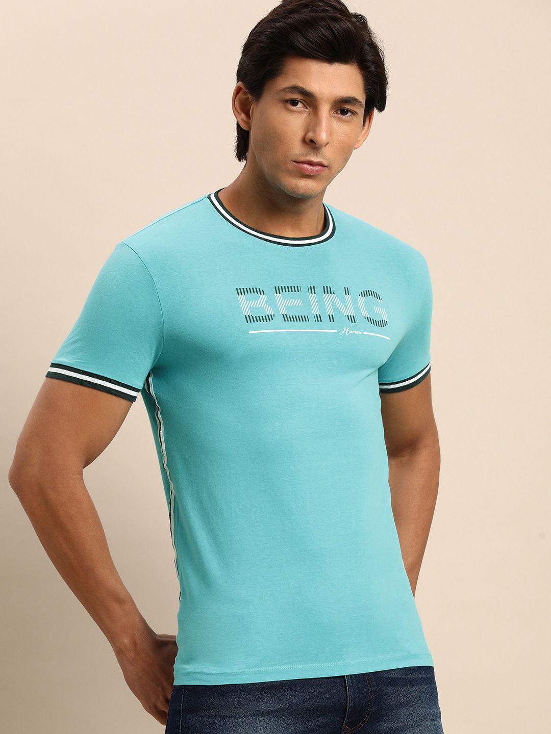 Being Human Men Blue Brand Logo Printed Pure Cotton T-shirt