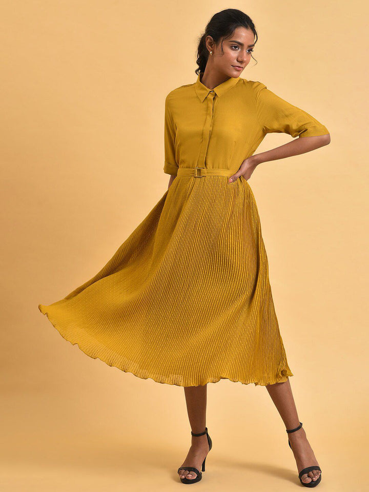 W Shirt Collar A-Line Midi Dress