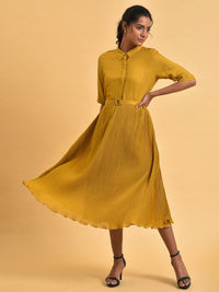 W Shirt Collar A-Line Midi Dress