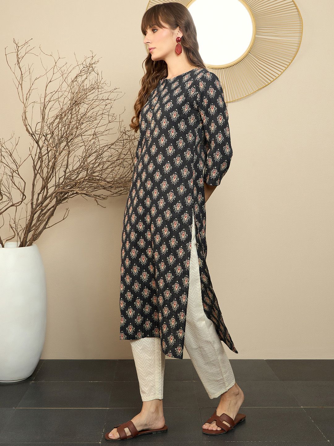 Indo Era Black Ethnic Motifs Printed Pure Cotton Straight Kurta